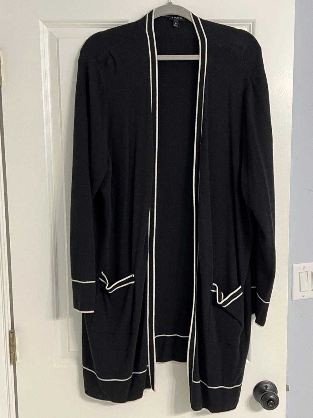 Talbots Black Open-Front Long Cardigan with White Trim Accents